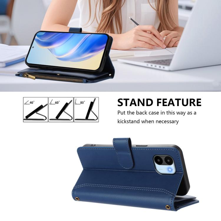 For Redmi A1 / A2 Magnetic Closure 9 Card Slots Zipper Leather Case with Hand Strap