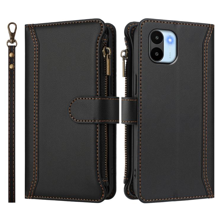 For Redmi A1 / A2 Magnetic Closure 9 Card Slots Zipper Leather Case with Hand Strap