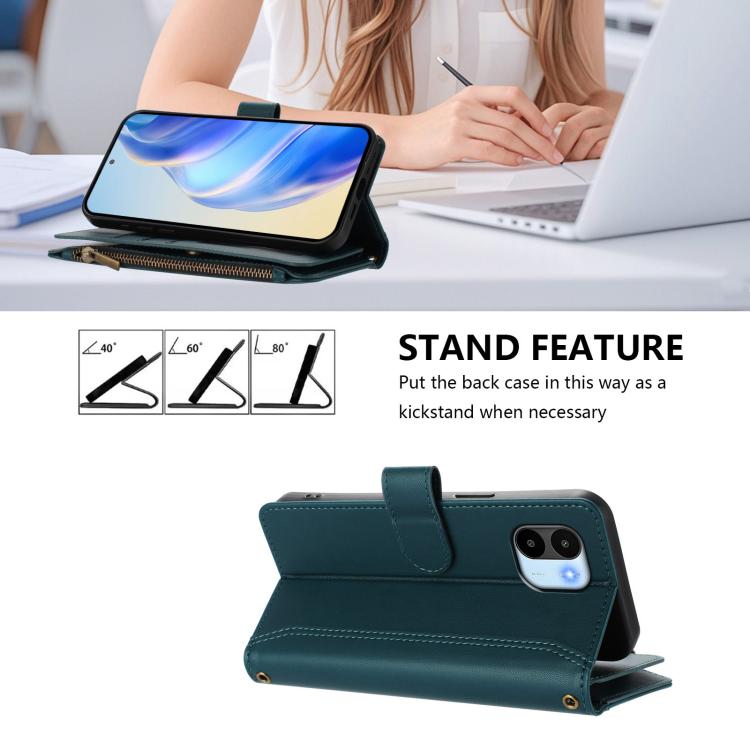 For Redmi A1 / A2 Magnetic Closure 9 Card Slots Zipper Leather Case with Hand Strap
