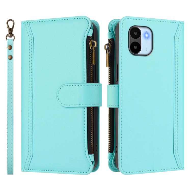 For Redmi A1 / A2 Magnetic Closure 9 Card Slots Zipper Leather Case with Hand Strap