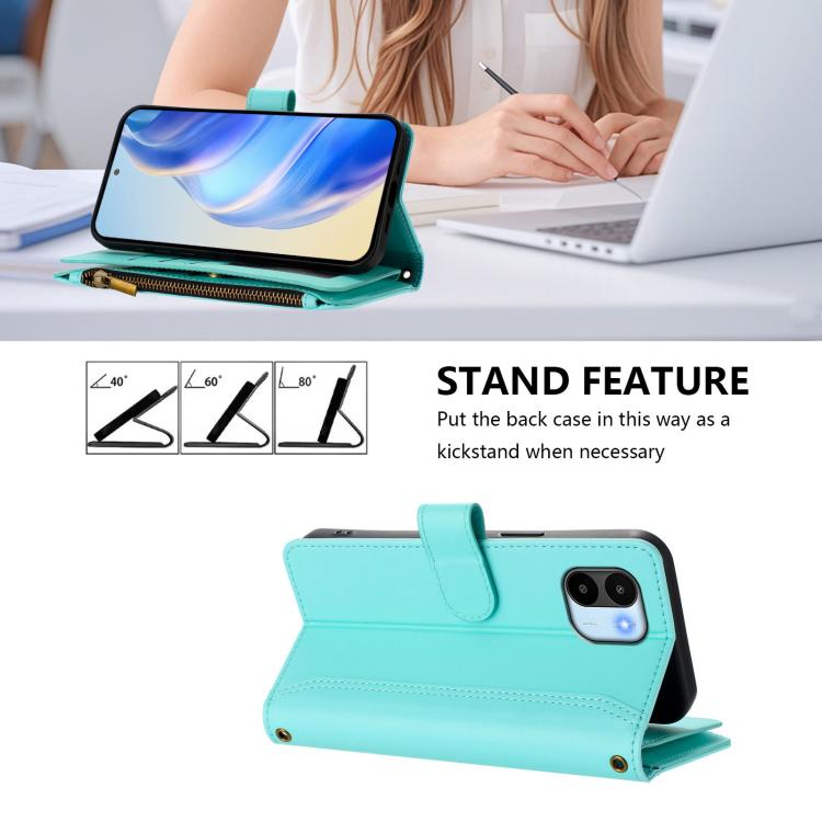For Redmi A1 / A2 Magnetic Closure 9 Card Slots Zipper Leather Case with Hand Strap