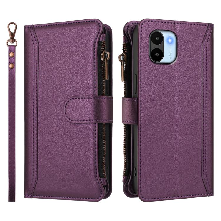 For Redmi A1 / A2 Magnetic Closure 9 Card Slots Zipper Leather Case with Hand Strap