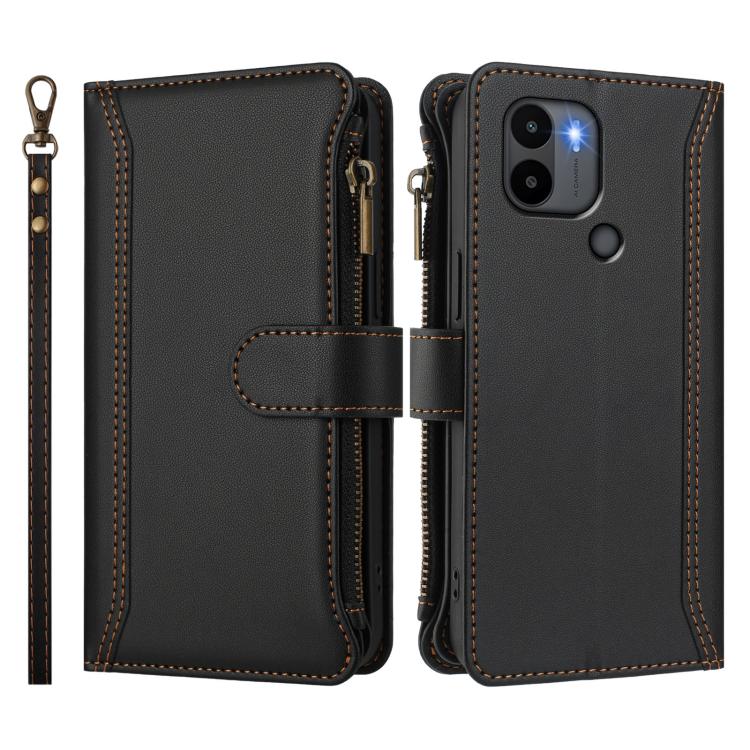 For Redmi A1+ / A2+ / Poco C50 / Poco C51 Magnetic Closure 9 Card Slots Zipper Leather Case with Hand Strap