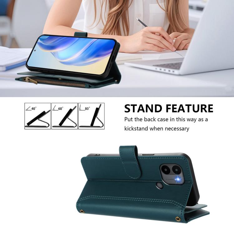 For Redmi A1+ / A2+ / Poco C50 / Poco C51 Magnetic Closure 9 Card Slots Zipper Leather Case with Hand Strap