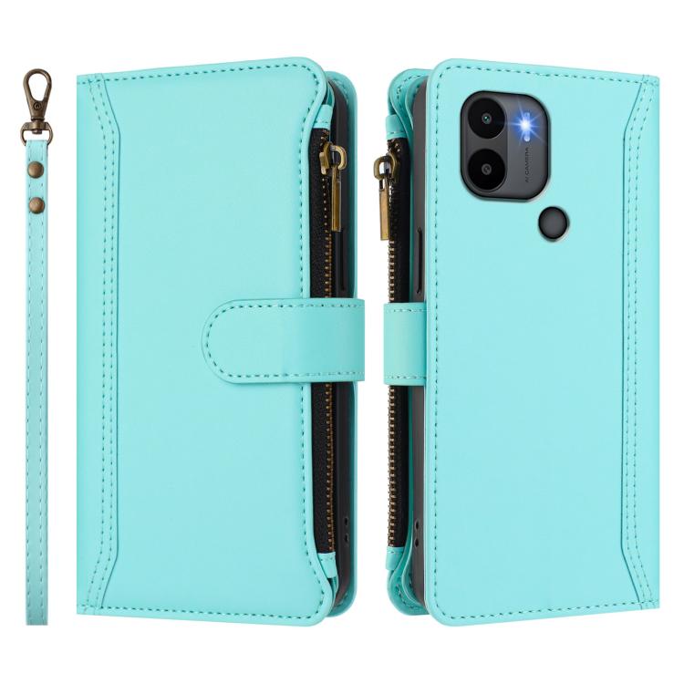 For Redmi A1+ / A2+ / Poco C50 / Poco C51 Magnetic Closure 9 Card Slots Zipper Leather Case with Hand Strap