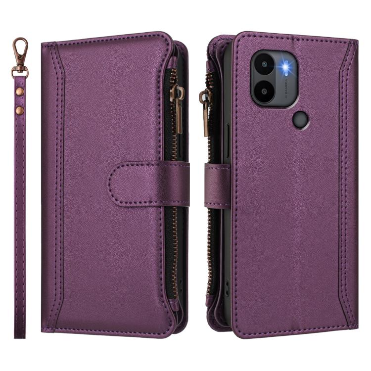 For Redmi A1+ / A2+ / Poco C50 / Poco C51 Magnetic Closure 9 Card Slots Zipper Leather Case with Hand Strap