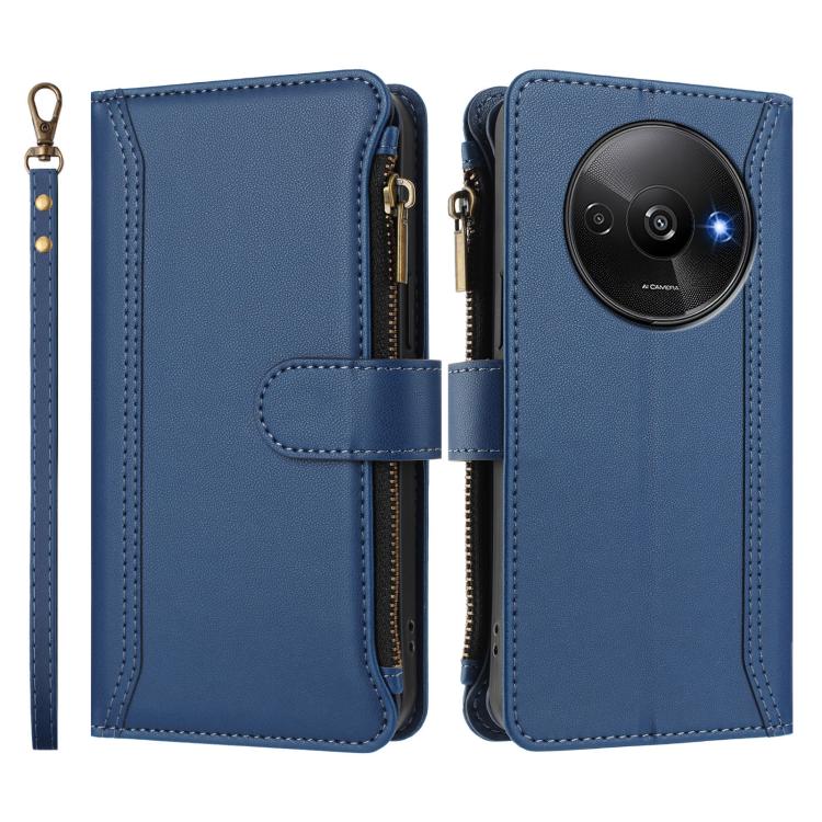 For Redmi A3 / A3x / Poco C61 Magnetic Closure 9 Card Slots Zipper Leather Case with Hand Strap