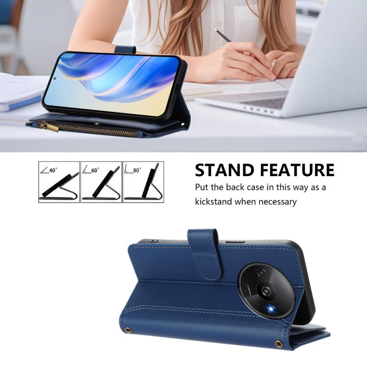 For Redmi A3 / A3x / Poco C61 Magnetic Closure 9 Card Slots Zipper Leather Case with Hand Strap