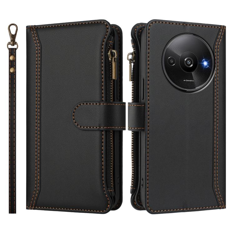 For Redmi A3 / A3x / Poco C61 Magnetic Closure 9 Card Slots Zipper Leather Case with Hand Strap