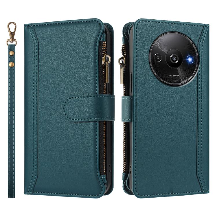For Redmi A3 / A3x / Poco C61 Magnetic Closure 9 Card Slots Zipper Leather Case with Hand Strap
