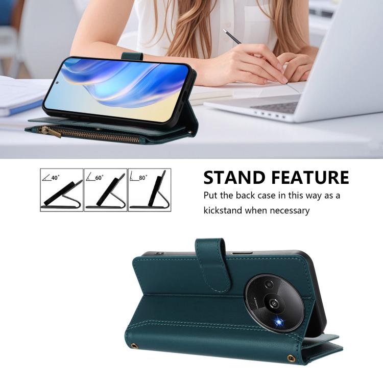 For Redmi A3 / A3x / Poco C61 Magnetic Closure 9 Card Slots Zipper Leather Case with Hand Strap