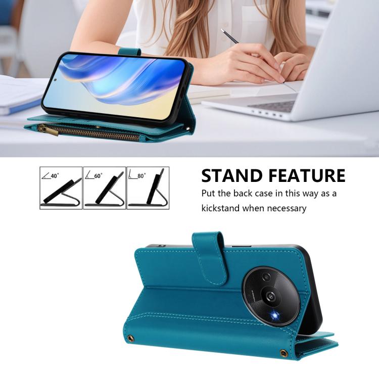 For Redmi A3 / A3x / Poco C61 Magnetic Closure 9 Card Slots Zipper Leather Case with Hand Strap