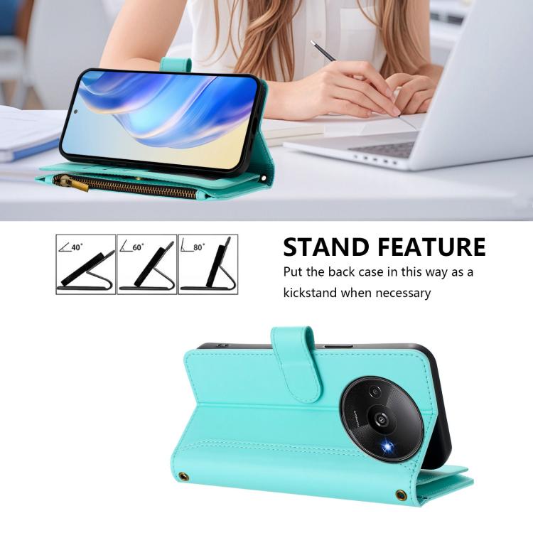 For Redmi A3 / A3x / Poco C61 Magnetic Closure 9 Card Slots Zipper Leather Case with Hand Strap