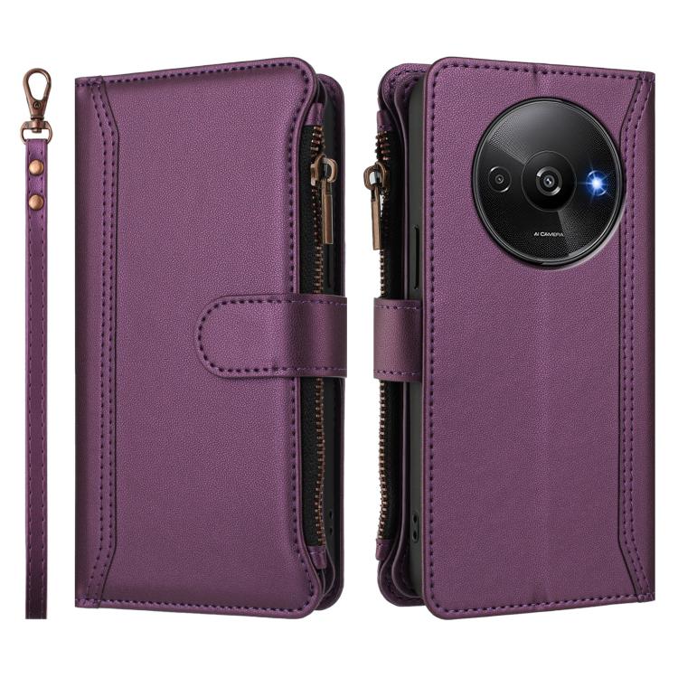 For Redmi A3 / A3x / Poco C61 Magnetic Closure 9 Card Slots Zipper Leather Case with Hand Strap