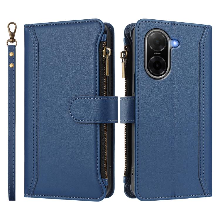 For Redmi A5 4G 171.7mm / Poco C71 Magnetic Closure 9 Card Slots Zipper Leather Case with Hand Strap