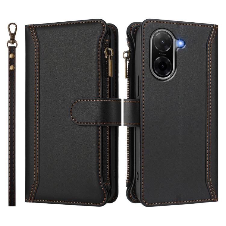 For Redmi A5 4G 171.7mm / Poco C71 Magnetic Closure 9 Card Slots Zipper Leather Case with Hand Strap