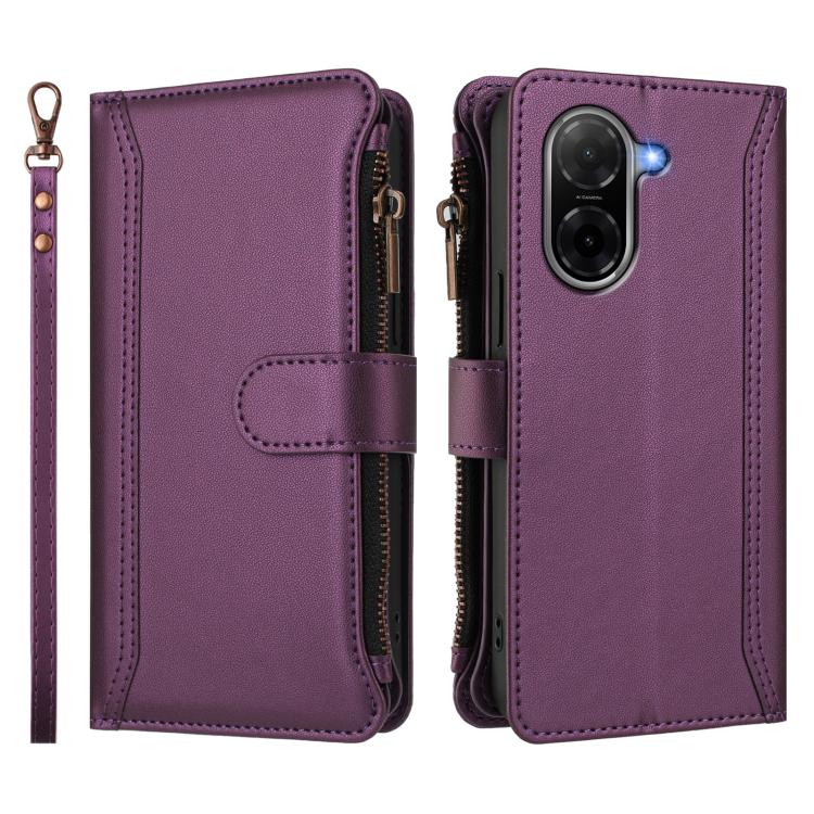 For Redmi A5 4G 171.7mm / Poco C71 Magnetic Closure 9 Card Slots Zipper Leather Case with Hand Strap