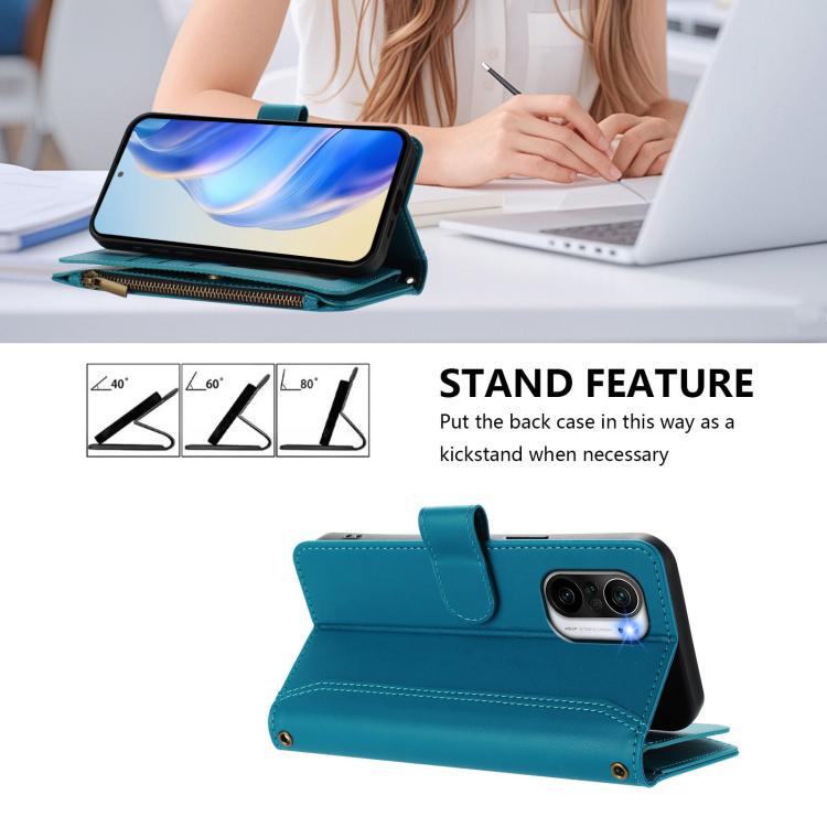 For Redmi K40 / K40 Pro / Poco F3 Magnetic Closure 9 Card Slots Zipper Leather Case with Hand Strap