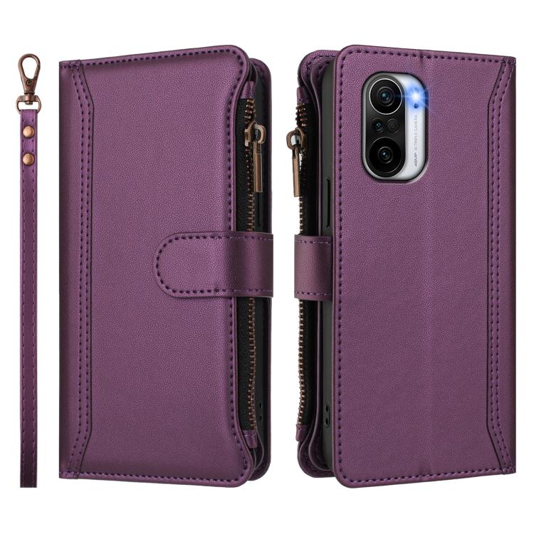 For Redmi K40 / K40 Pro / Poco F3 Magnetic Closure 9 Card Slots Zipper Leather Case with Hand Strap