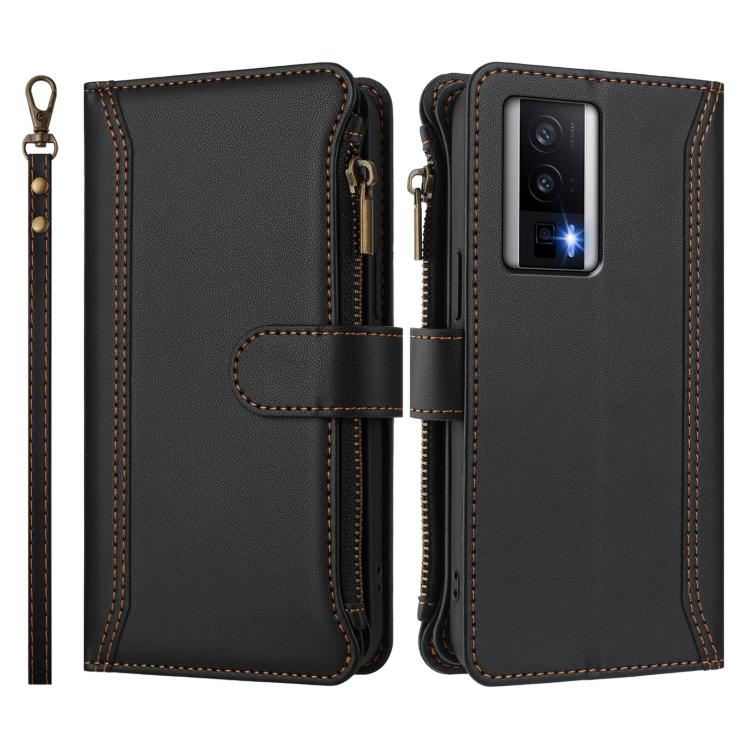 For Redmi K60 / K60 Pro / Poco F5 Pro Magnetic Closure 9 Card Slots Zipper Leather Case with Hand Strap