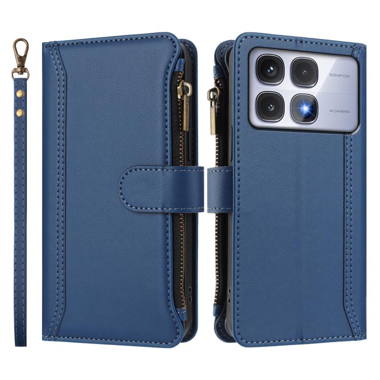 For Redmi K70 Ultra Magnetic Closure 9 Card Slots Zipper Leather Case with Hand Strap