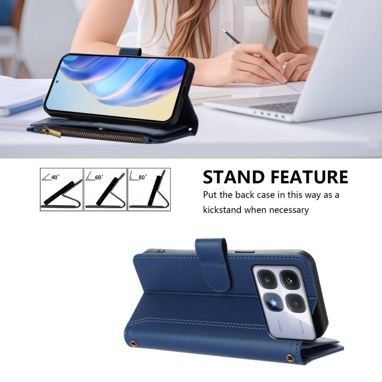 For Redmi K70 Ultra Magnetic Closure 9 Card Slots Zipper Leather Case with Hand Strap