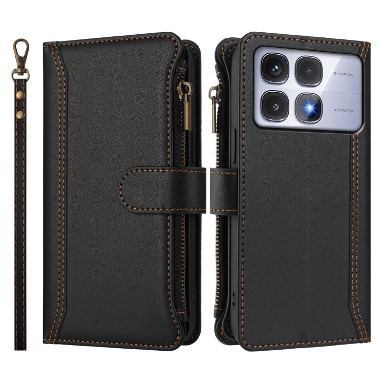 For Redmi K70 Ultra Magnetic Closure 9 Card Slots Zipper Leather Case with Hand Strap