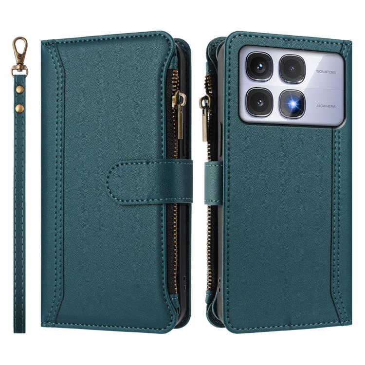 For Redmi K70 Ultra Magnetic Closure 9 Card Slots Zipper Leather Case with Hand Strap