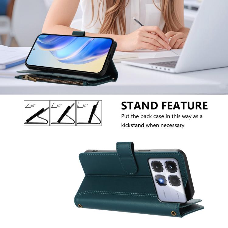 For Redmi K70 Ultra Magnetic Closure 9 Card Slots Zipper Leather Case with Hand Strap