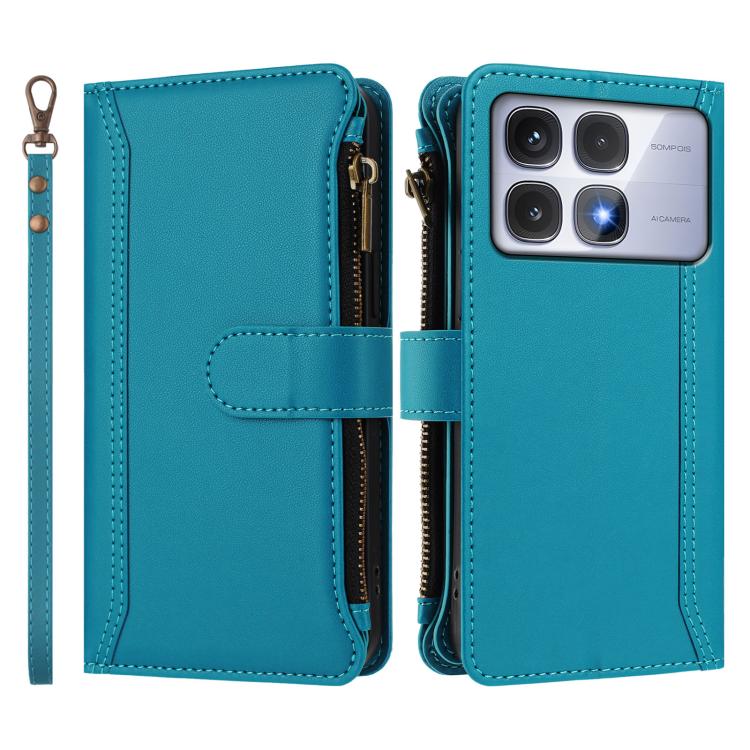 For Redmi K70 Ultra Magnetic Closure 9 Card Slots Zipper Leather Case with Hand Strap