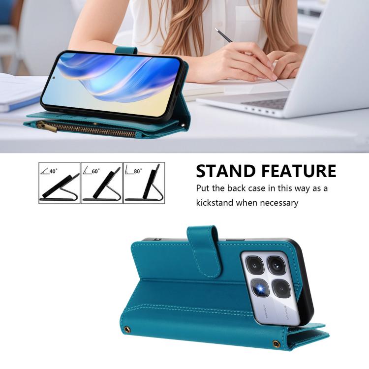 For Redmi K70 Ultra Magnetic Closure 9 Card Slots Zipper Leather Case with Hand Strap