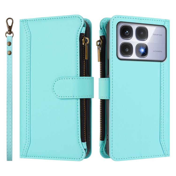 For Redmi K70 Ultra Magnetic Closure 9 Card Slots Zipper Leather Case with Hand Strap
