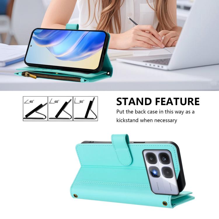 For Redmi K70 Ultra Magnetic Closure 9 Card Slots Zipper Leather Case with Hand Strap