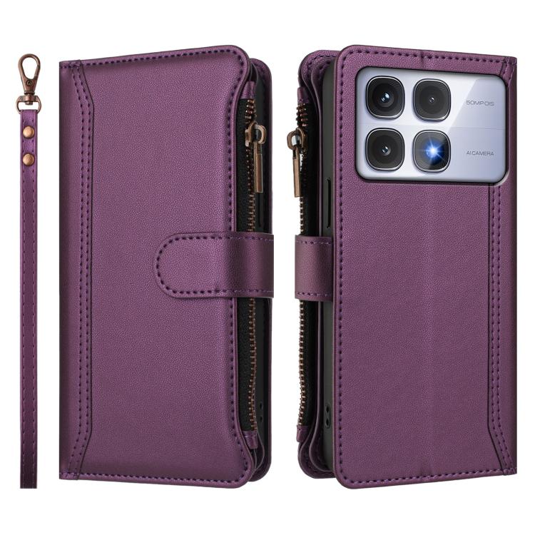 For Redmi K70 Ultra Magnetic Closure 9 Card Slots Zipper Leather Case with Hand Strap