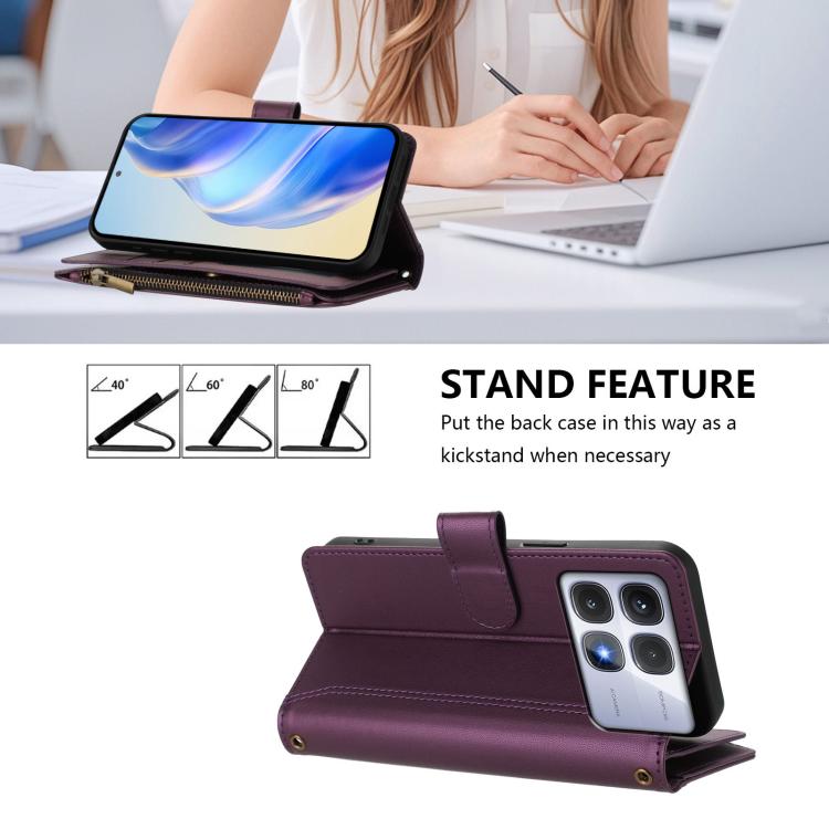 For Redmi K70 Ultra Magnetic Closure 9 Card Slots Zipper Leather Case with Hand Strap