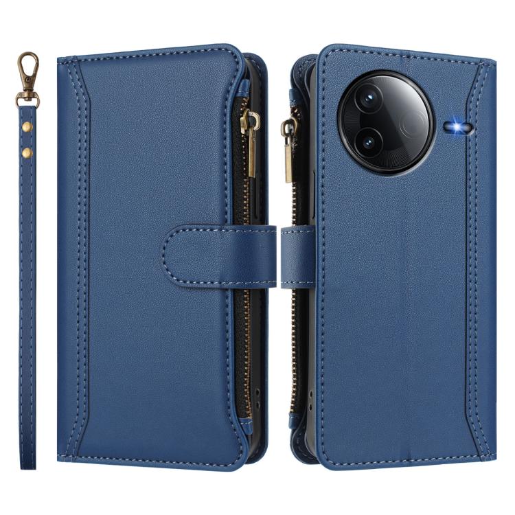 For Redmi K80 / K80 Pro Magnetic Closure 9 Card Slots Zipper Leather Case with Hand Strap
