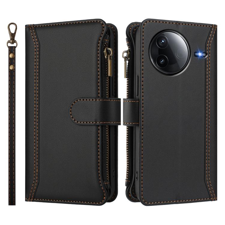 For Redmi K80 / K80 Pro Magnetic Closure 9 Card Slots Zipper Leather Case with Hand Strap