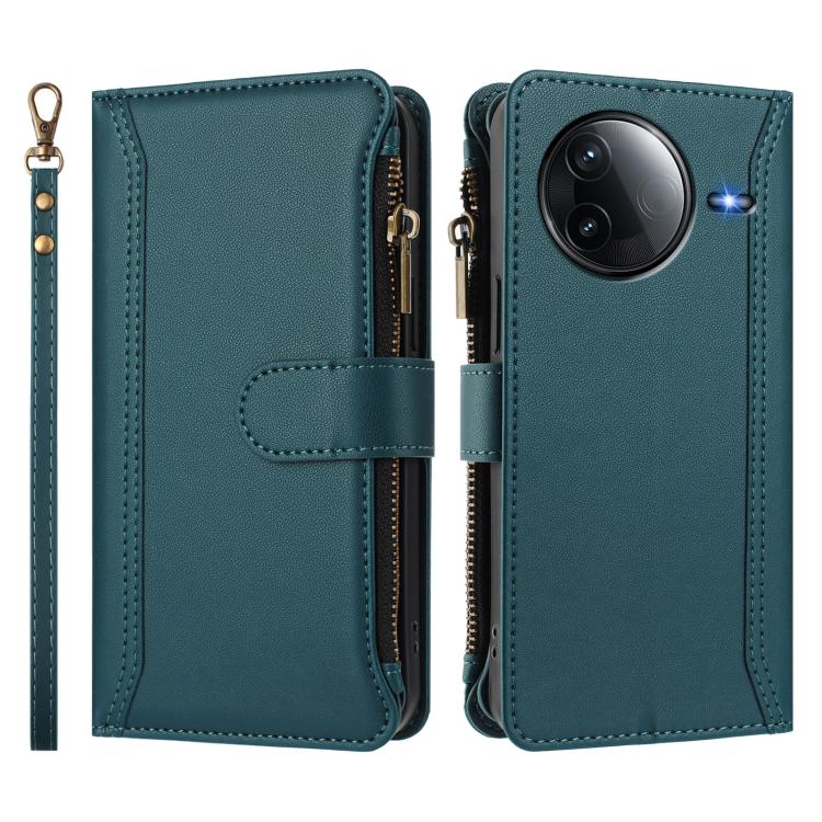 For Redmi K80 / K80 Pro Magnetic Closure 9 Card Slots Zipper Leather Case with Hand Strap