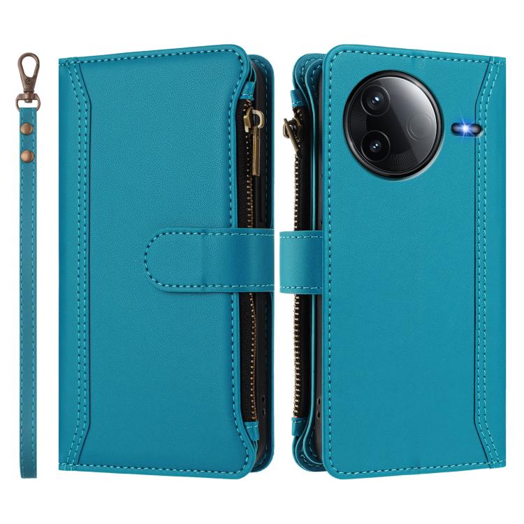 For Redmi K80 / K80 Pro Magnetic Closure 9 Card Slots Zipper Leather Case with Hand Strap