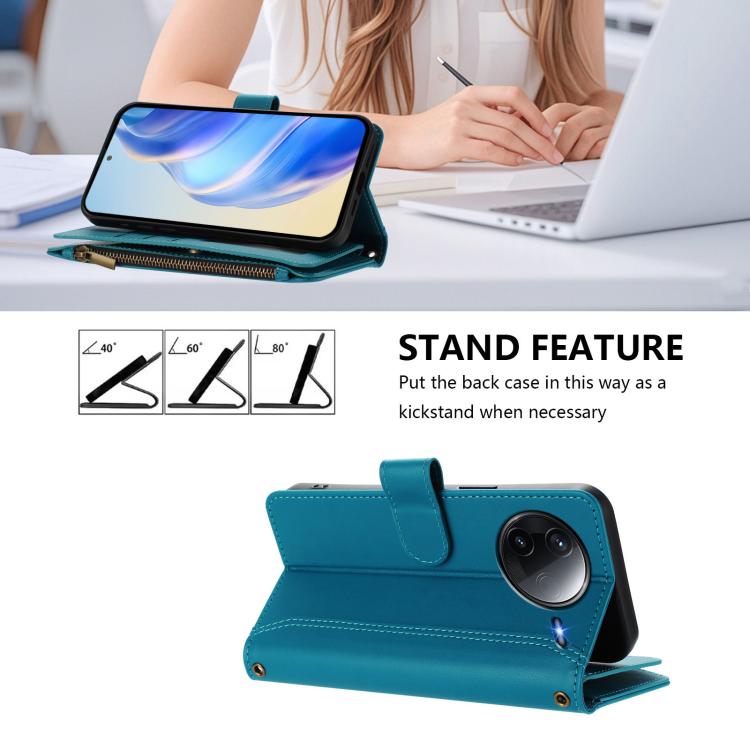 For Redmi K80 / K80 Pro Magnetic Closure 9 Card Slots Zipper Leather Case with Hand Strap