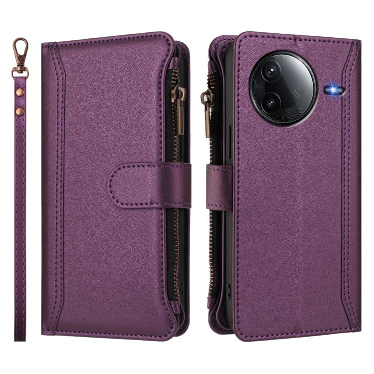 For Redmi K80 / K80 Pro Magnetic Closure 9 Card Slots Zipper Leather Case with Hand Strap