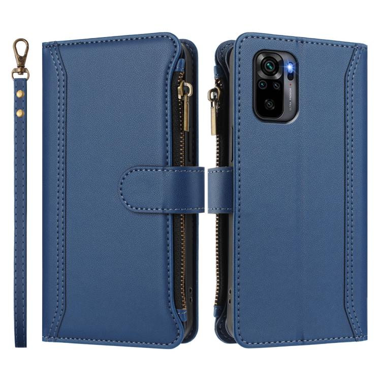 For Redmi Note 10 4G / Note 10S / Poco M5s Magnetic Closure 9 Card Slots Zipper Leather Case with Hand Strap