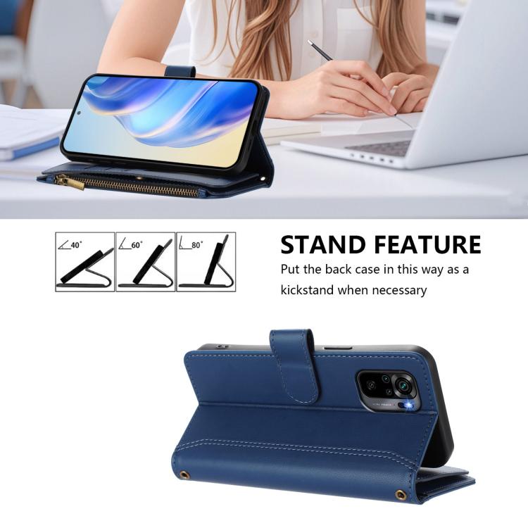 For Redmi Note 10 4G / Note 10S / Poco M5s Magnetic Closure 9 Card Slots Zipper Leather Case with Hand Strap