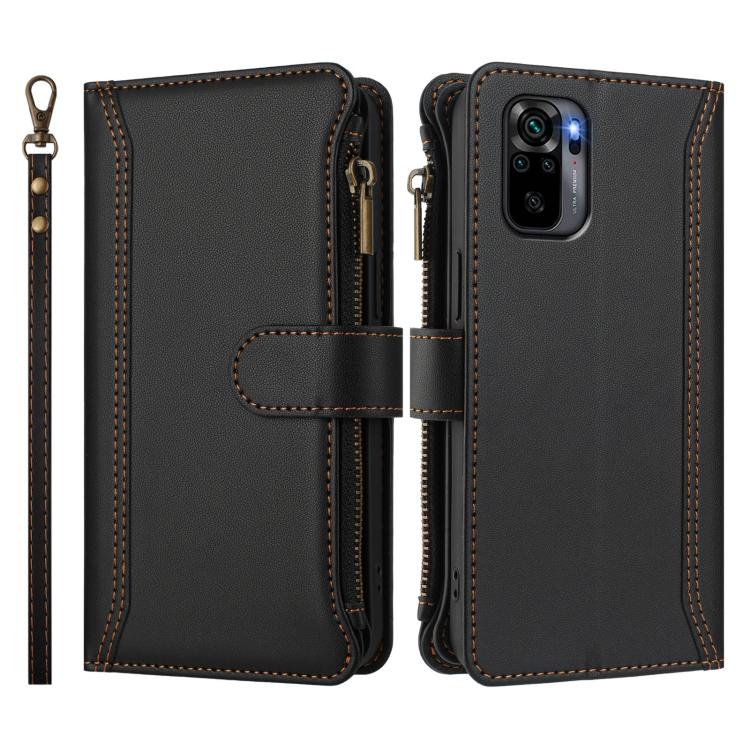 For Redmi Note 10 4G / Note 10S / Poco M5s Magnetic Closure 9 Card Slots Zipper Leather Case with Hand Strap
