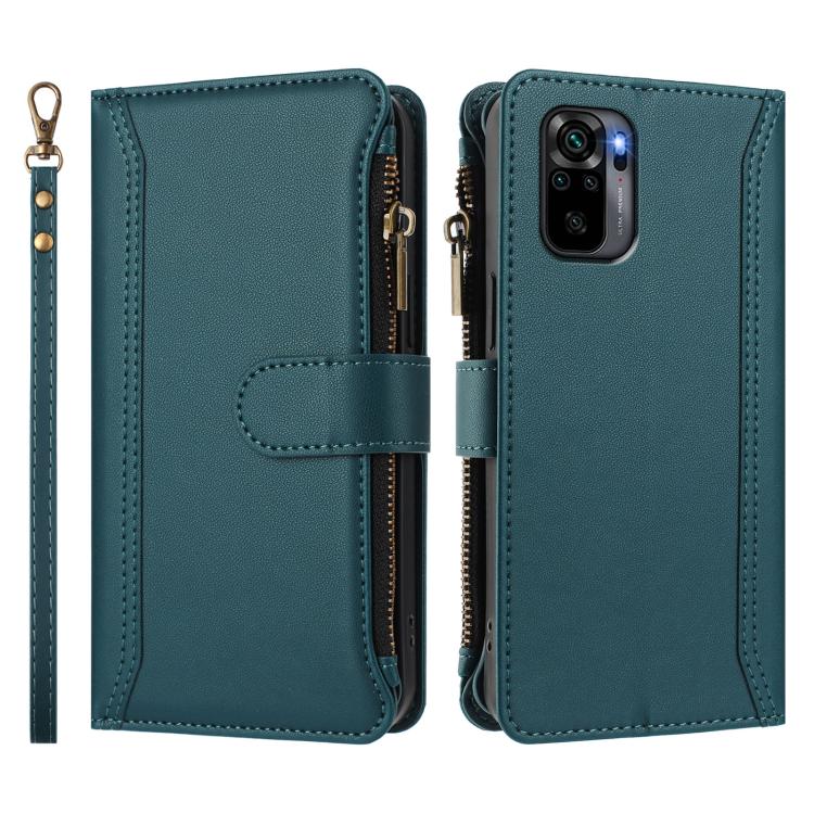 For Redmi Note 10 4G / Note 10S / Poco M5s Magnetic Closure 9 Card Slots Zipper Leather Case with Hand Strap