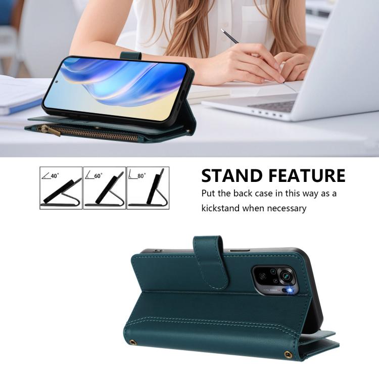 For Redmi Note 10 4G / Note 10S / Poco M5s Magnetic Closure 9 Card Slots Zipper Leather Case with Hand Strap