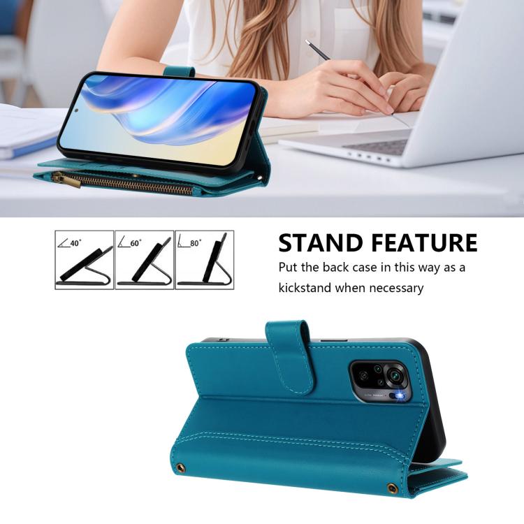 For Redmi Note 10 4G / Note 10S / Poco M5s Magnetic Closure 9 Card Slots Zipper Leather Case with Hand Strap