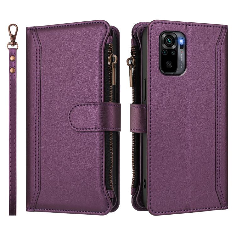 For Redmi Note 10 4G / Note 10S / Poco M5s Magnetic Closure 9 Card Slots Zipper Leather Case with Hand Strap