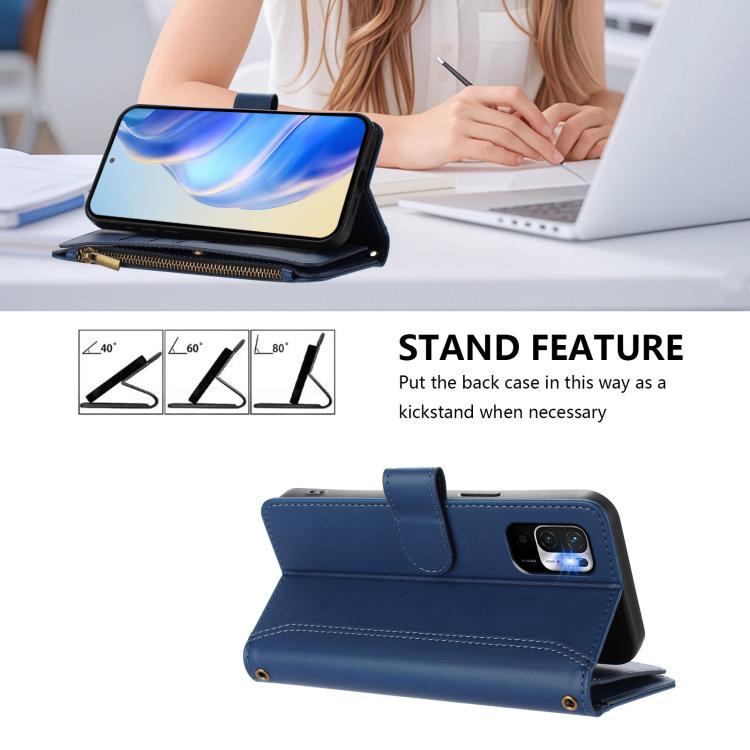 For Redmi Note 10 5G / Note 10T 5G Magnetic Closure 9 Card Slots Zipper Leather Case with Hand Strap