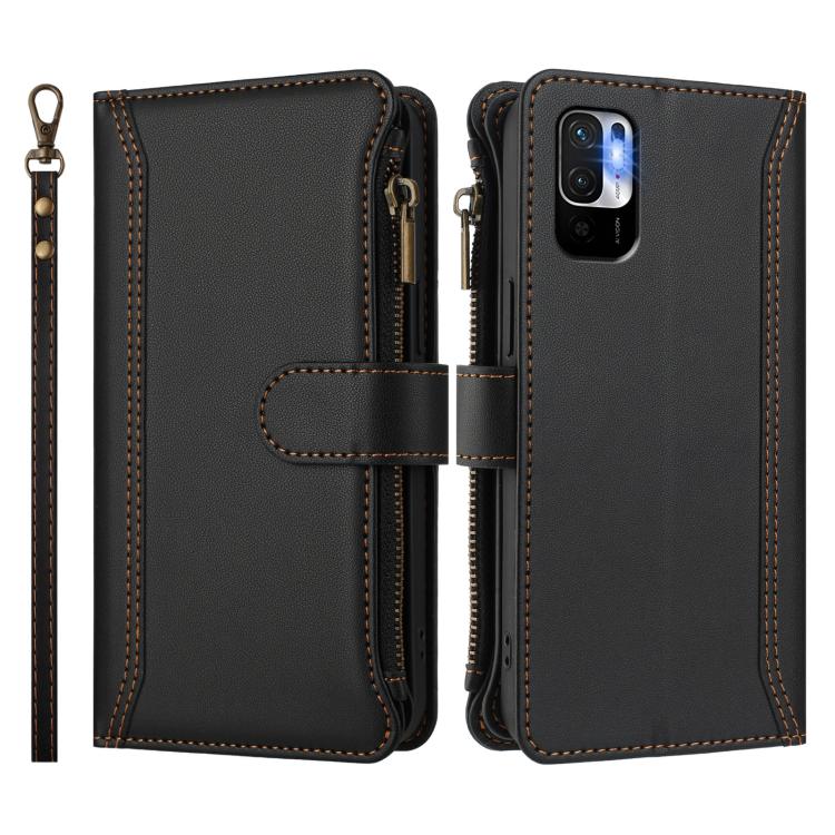 For Redmi Note 10 5G / Note 10T 5G Magnetic Closure 9 Card Slots Zipper Leather Case with Hand Strap